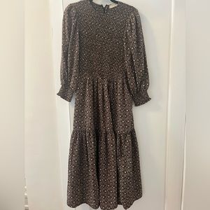 PIPER & SCOOT smocked brown midi dress, size Medium